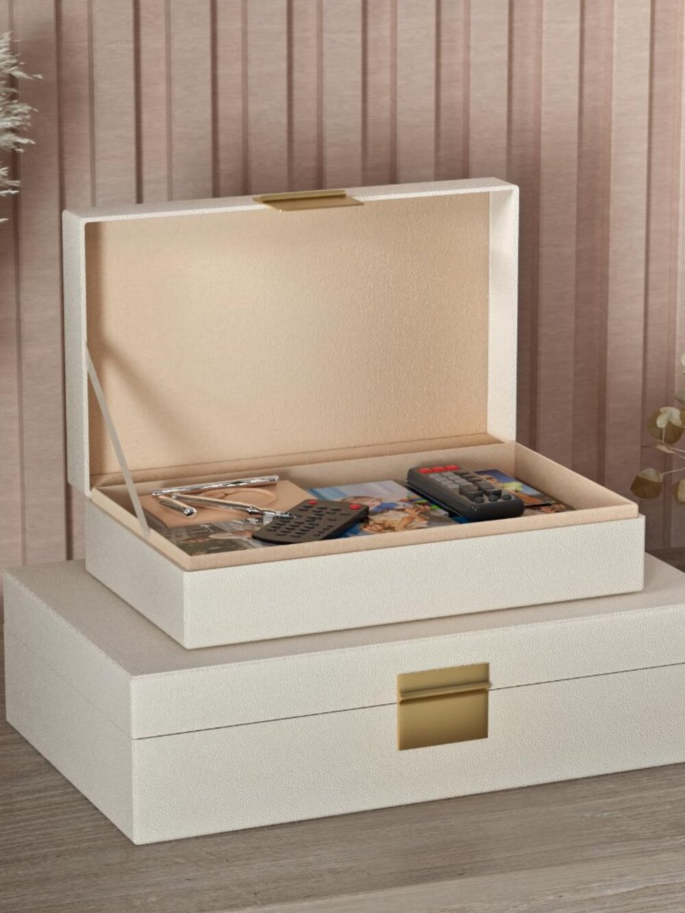 Beige PU Leather Decorative Storage Boxes Set of 2 with Lids
